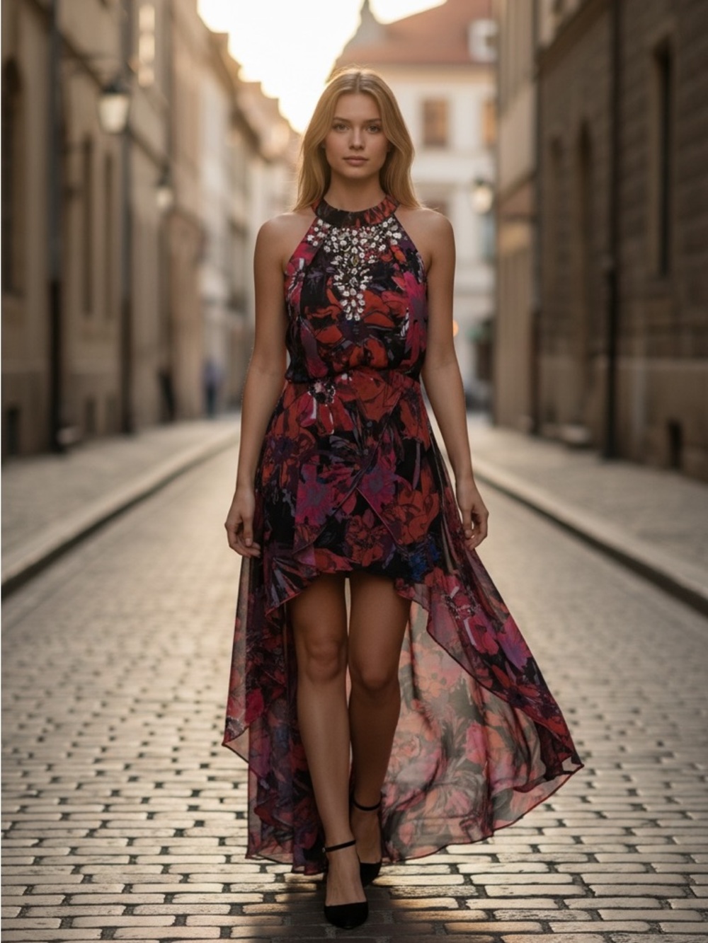 bebe Red and Black Floral High-Low Halter Dress with Gem Accents